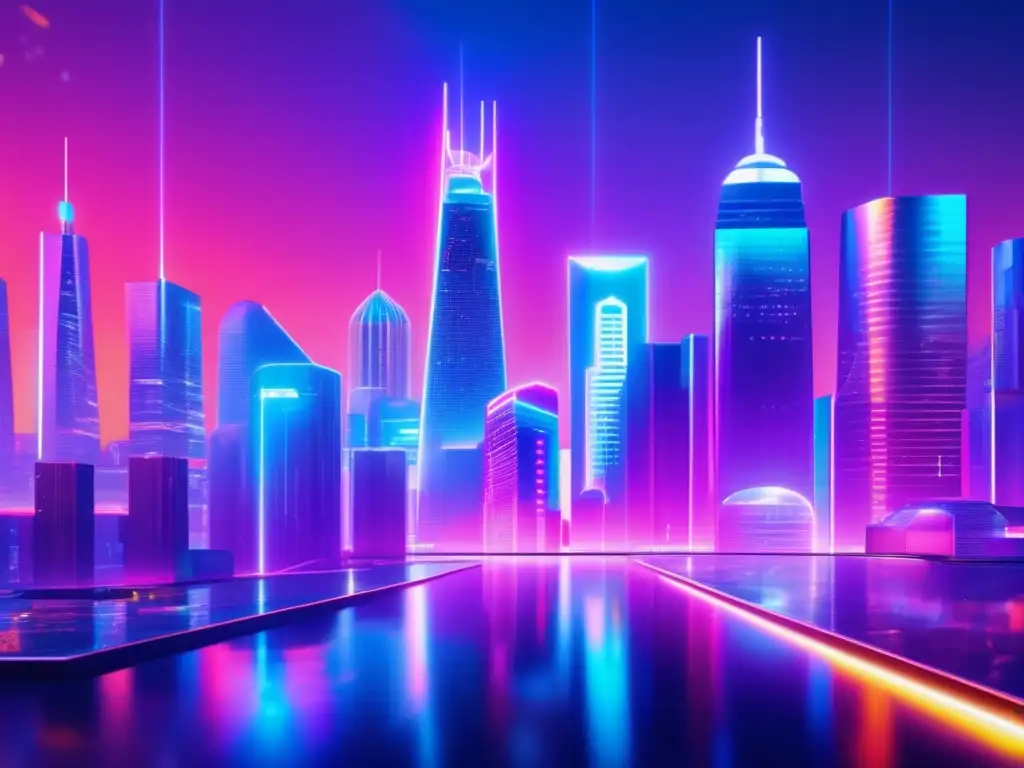 Futuro urbano con rascacielos de vidrio y acero, luces neón y criptomonedas Futurista ciudad con rascacielos de vidrio y acero, luces de neón y hologramas de criptomonedas