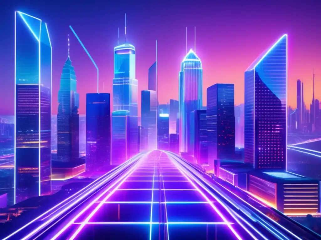 Futuroso ciudad blockchain Futurista ciudad blockchain con rascacielos de vidrio y acero, iluminada por luces neón