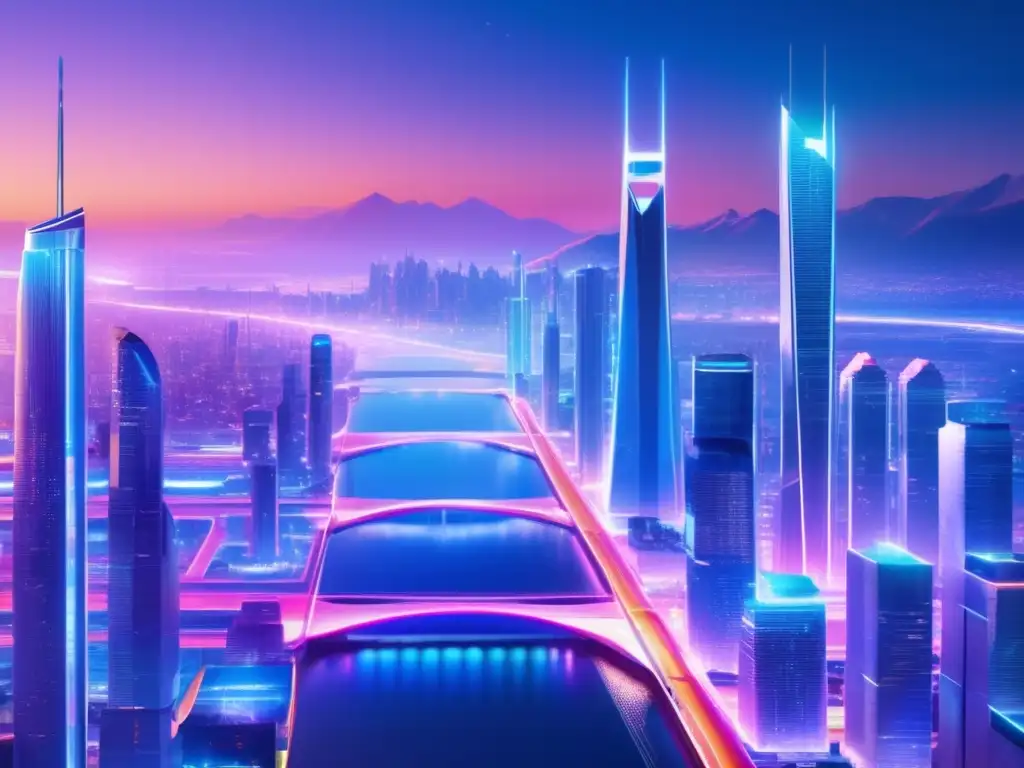 Futuroso paisaje urbano con rascacielos y vehículos voladores Futurista ciudad con rascacielos de vidrio y metal, puentes y luces de neón