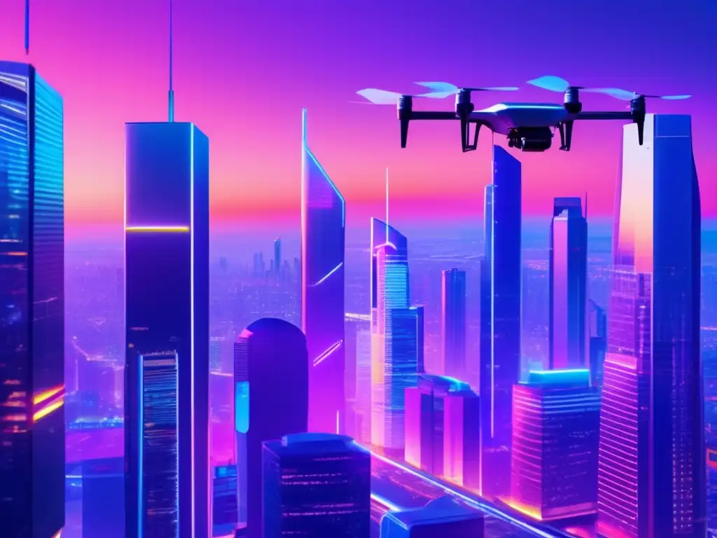Ciudad futurista: finanzas y AI Futurista ciudad con rascacielos de vidrio, luces neón y drones AI en el cielo