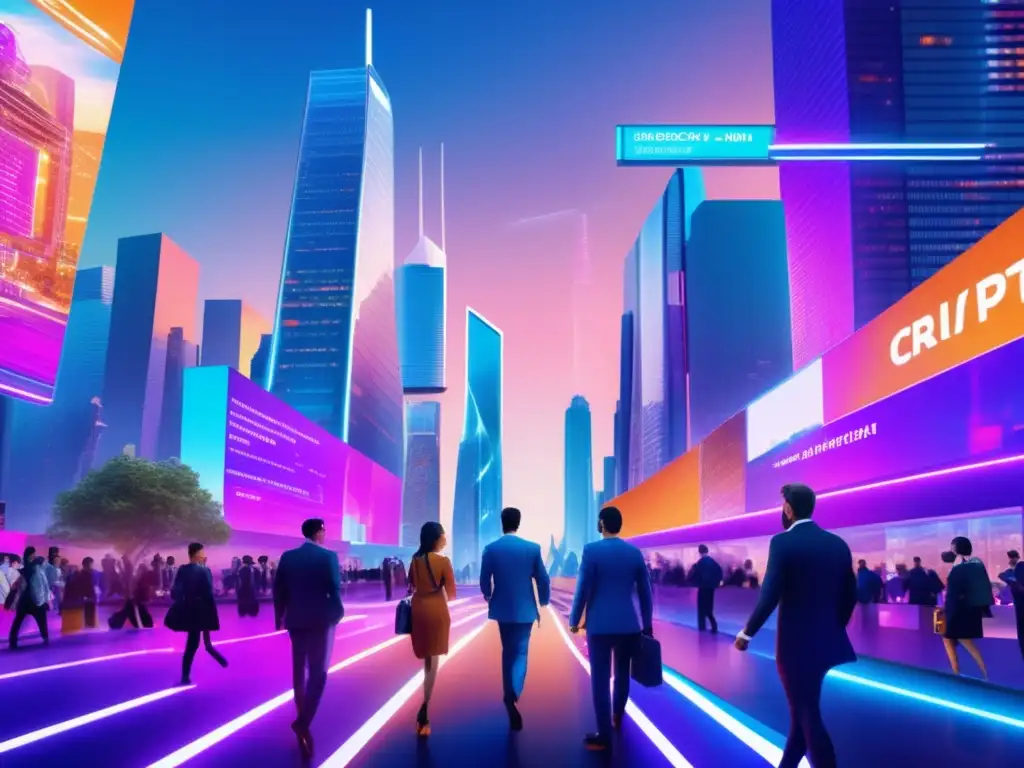 Futurista ciudad con rascacielos de vidrio, letreros digitales de criptomonedas y transacciones blockchain
