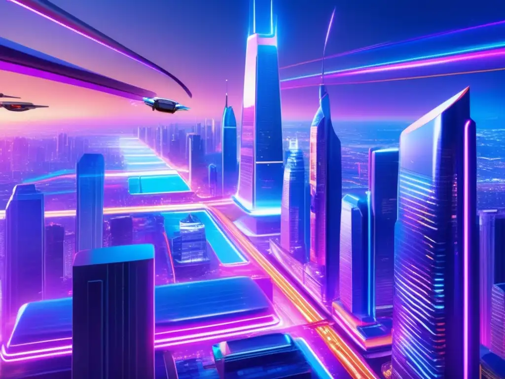 Futuro metropolitano: ciudad tecnológica y financiera Futurista ciudad con rascacielos de vidrio y acero, iluminada por luces de neón