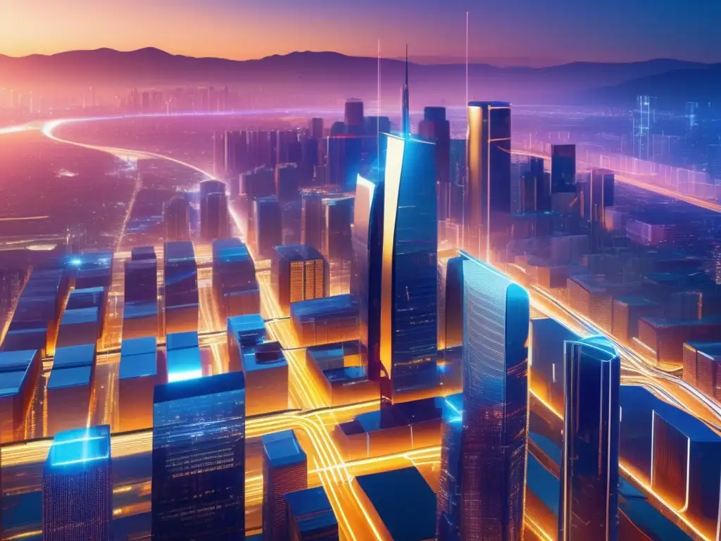 Futurista ciudad blockchain con profesionales Futurista ciudad con rascacielos de vidrio y acero, iluminada por la tarde