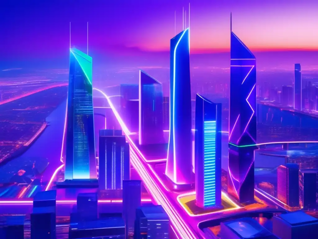 Futurista ciudad con rascacielos iluminados Futurista ciudad con rascacielos vidrio y acero, luces neón vibrantes, carreteras interconectadas, criptomonedas en cartelera