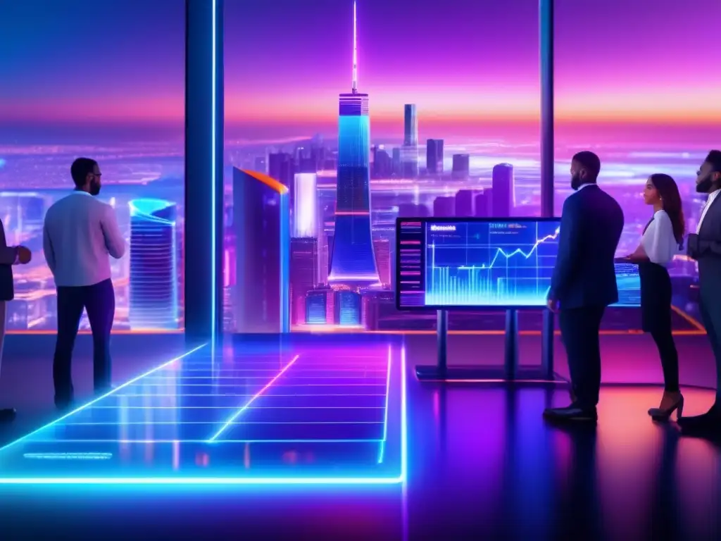 Futuro de las criptomonedas en la ciudad Futurista ciudad con rascacielos de vidrio y acero, iluminada por luces neón