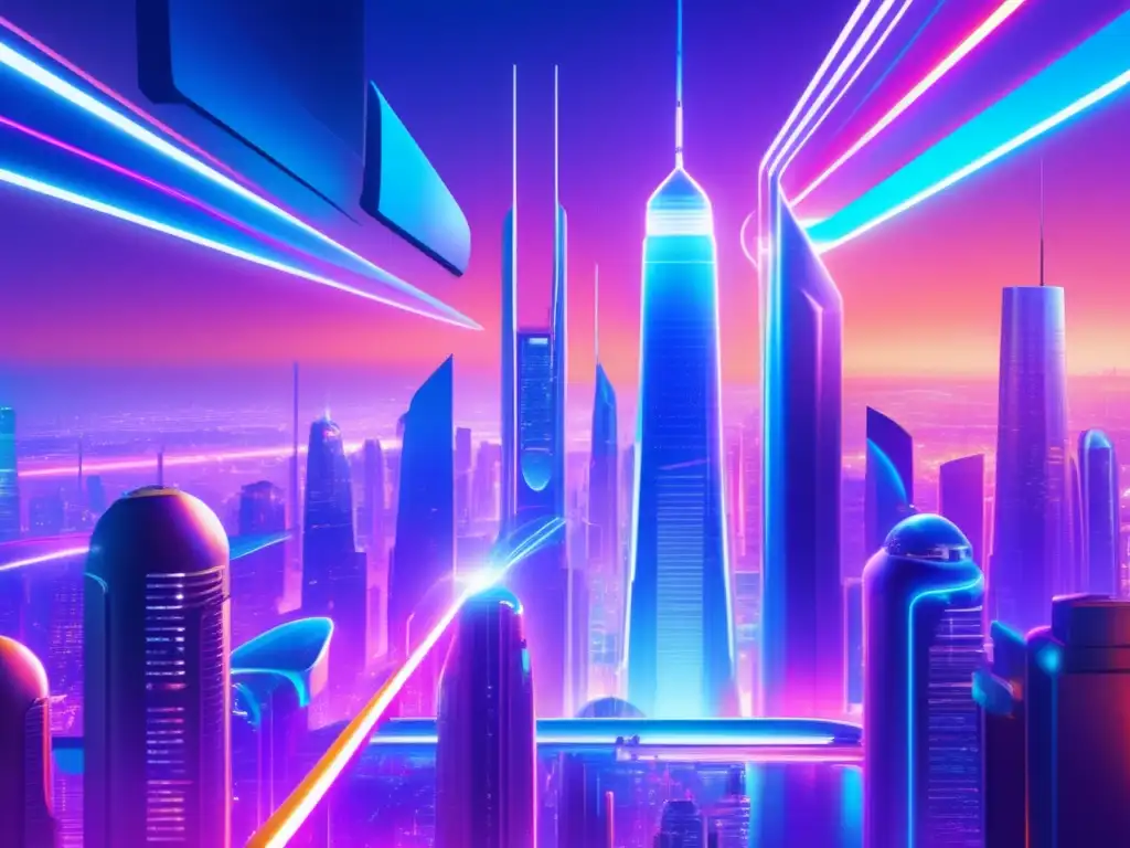 Ciudad futurista con rascacielos y criptomonedas Futurista ciudad con rascacielos de vidrio y acero, luces neón, vehículos voladores y personas discutiendo con gráficos de criptomonedas