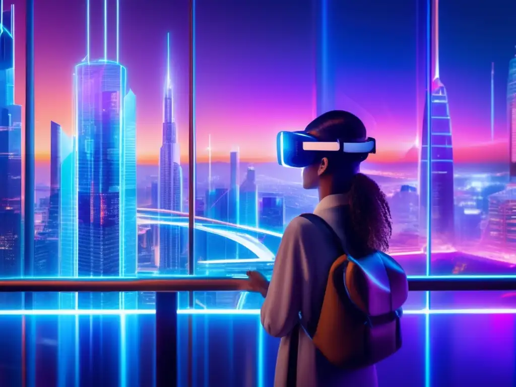 Futuro de la tecnología blockchain Futurista ciudad blockchain con rascacielos de vidrio y acero, puentes flotantes transparentes y persona experta en tecnología criptomonedas