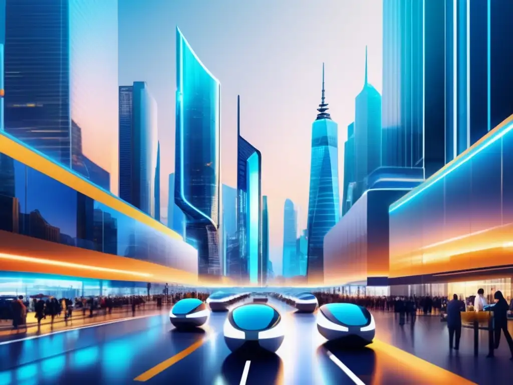 Futuro de ecommerce: ciudad moderna y tecnológica Futurista ciudad con rascacielos de vidrio y tecnología avanzada