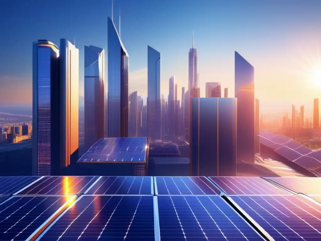 Ciudad futurista con energía solar Futurista ciudad solar con rascacielos elegantes y paneles solares integrados