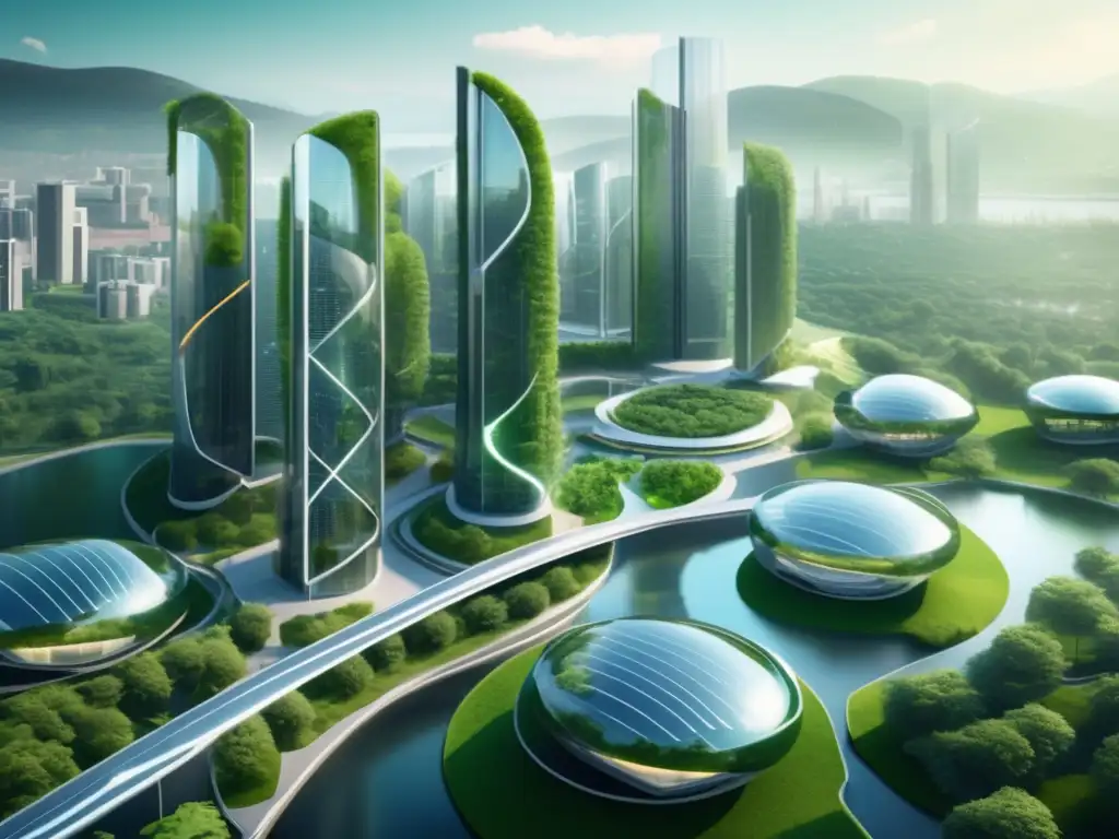 Futurista ciudad verde con edificios de vidrio transparente y energía solar Futurista ciudad sostenible con edificios de vidrio transparente y paneles solares