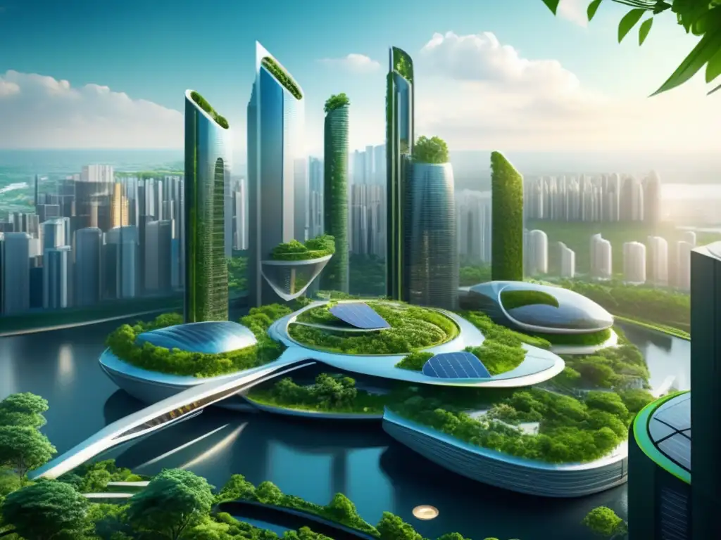 Ciudad futurista sostenible y verde Futurista ciudad sostenible con rascacielos verdes y energéticamente eficientes