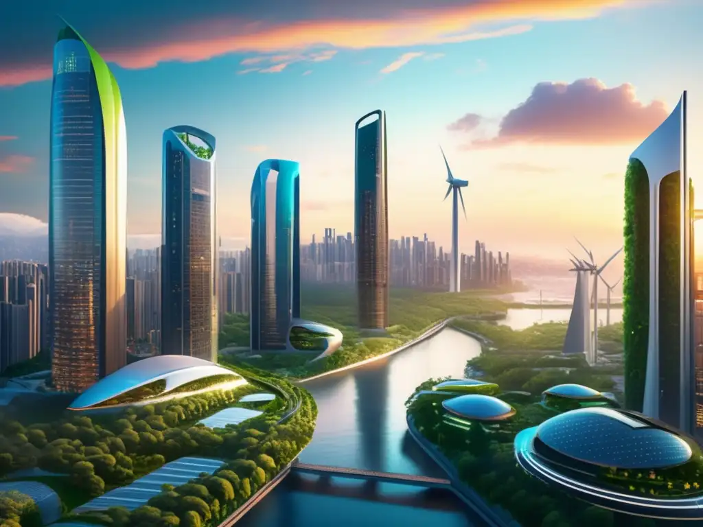 Ciudad futurista sostenible con rascacielos verdes Futurista ciudad sostenible con rascacielos, naturaleza y vehículos eléctricos - Ética del Staking: inversiones sostenibles