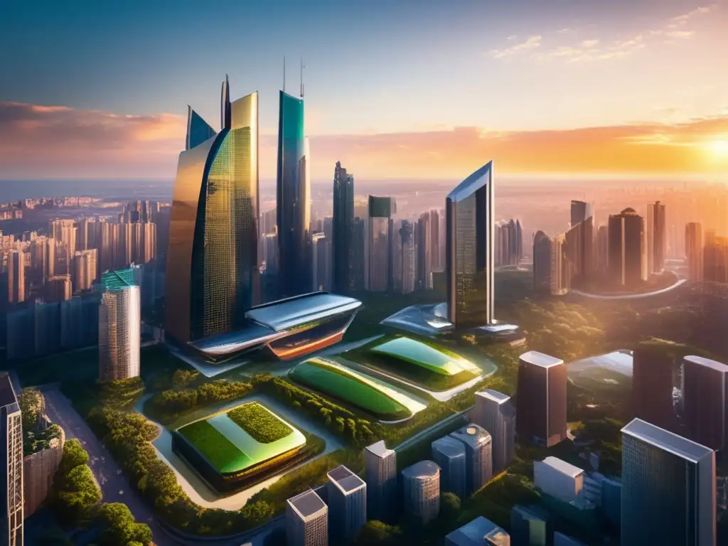 Ciudad futurista sostenible Futurista ciudad sostenible con rascacielos de vidrio y verde, destacando Certificaciones de Sostenibilidad Empresarial