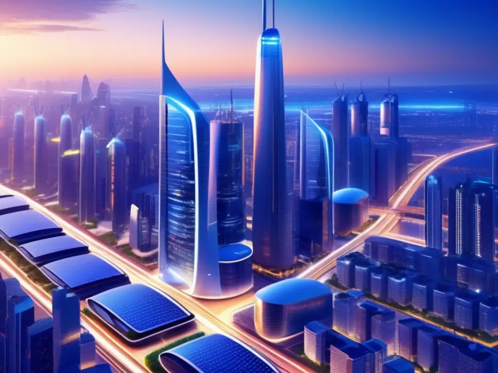 Ciudad futurista con tecnología y energía renovable Futurista ciudad con tecnología renovable
