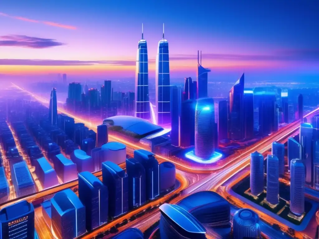 Futurista ciudad nocturna con rascacielos innovadores Futurista ciudad tecnológica con rascacielos innovadores y vehículos eléctricos autónomos - Tecnología en inversión inmobiliaria