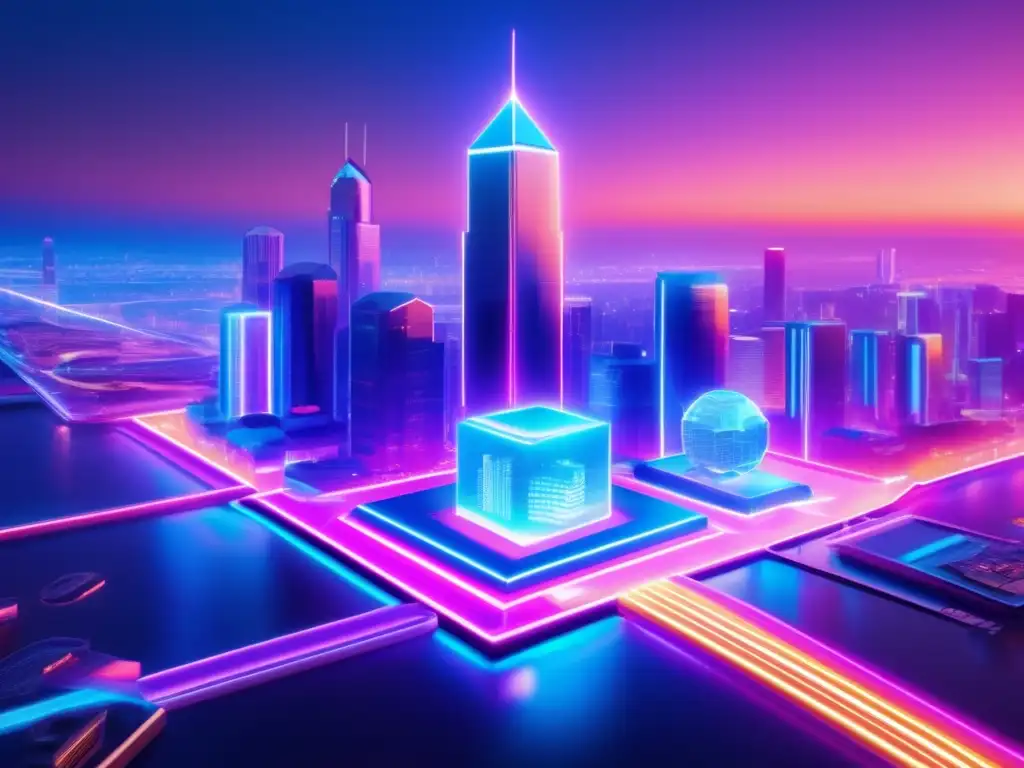 Futurista ciudad con tokens blockchain Futurista ciudad blockchain y tokens representando utilidad, seguridad y gobernanza en economía criptomonedas
