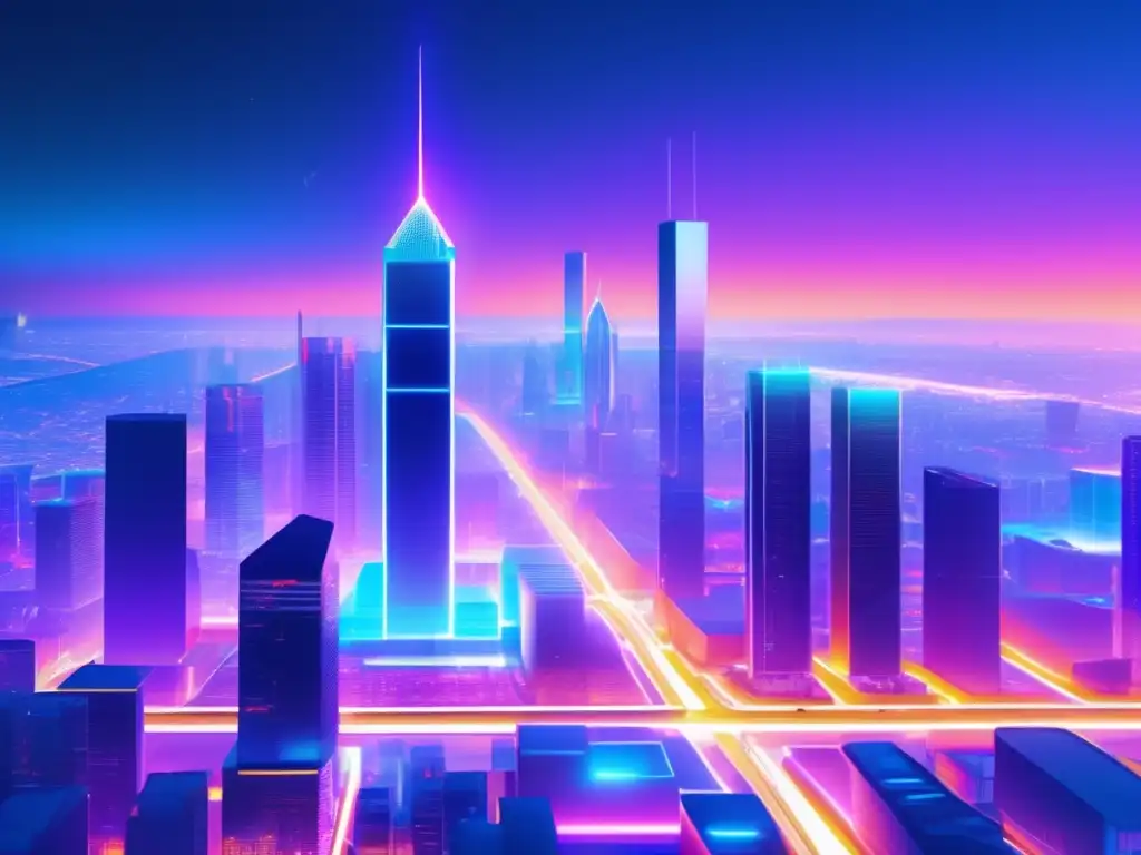 Futuroso paisaje urbano blockchain en 8K Futurista ciudad con blockchain: tecnología transparente, segura y descentralizada