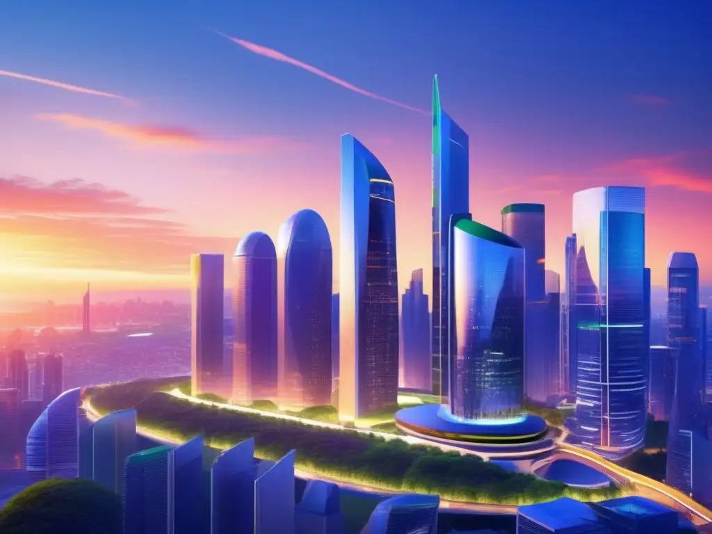 Futurista ciudad sostenible y colaborativa Futurista ciudadanía con rascacielos modernos y estándares ESG en inversiones