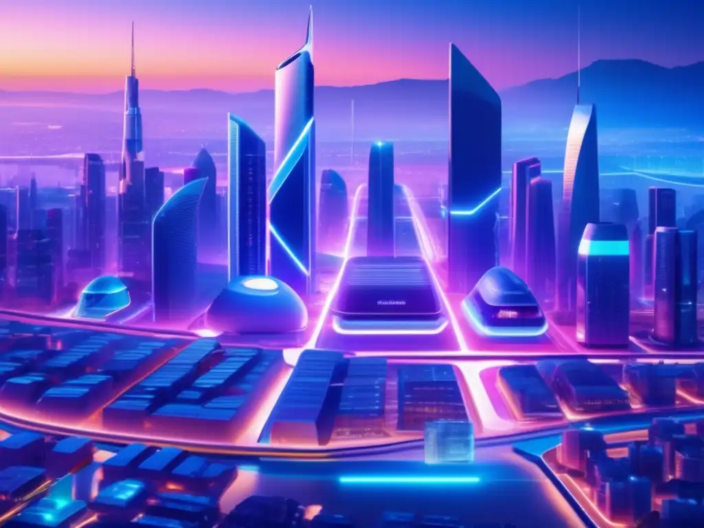 Ciudad inteligente futurista al anochecer Futurista smart city en 8k con edificios modernos, vehículos eléctricos autónomos e innovación en criptomonedas