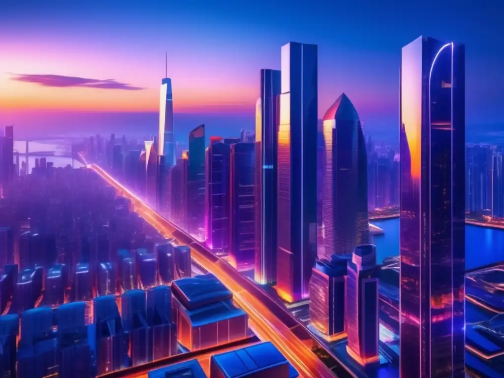 Ciudad futurista al atardecer Metrópolis futurista al anochecer, reflejando la energía y dinamismo de los mercados inmobiliarios de la próxima década
