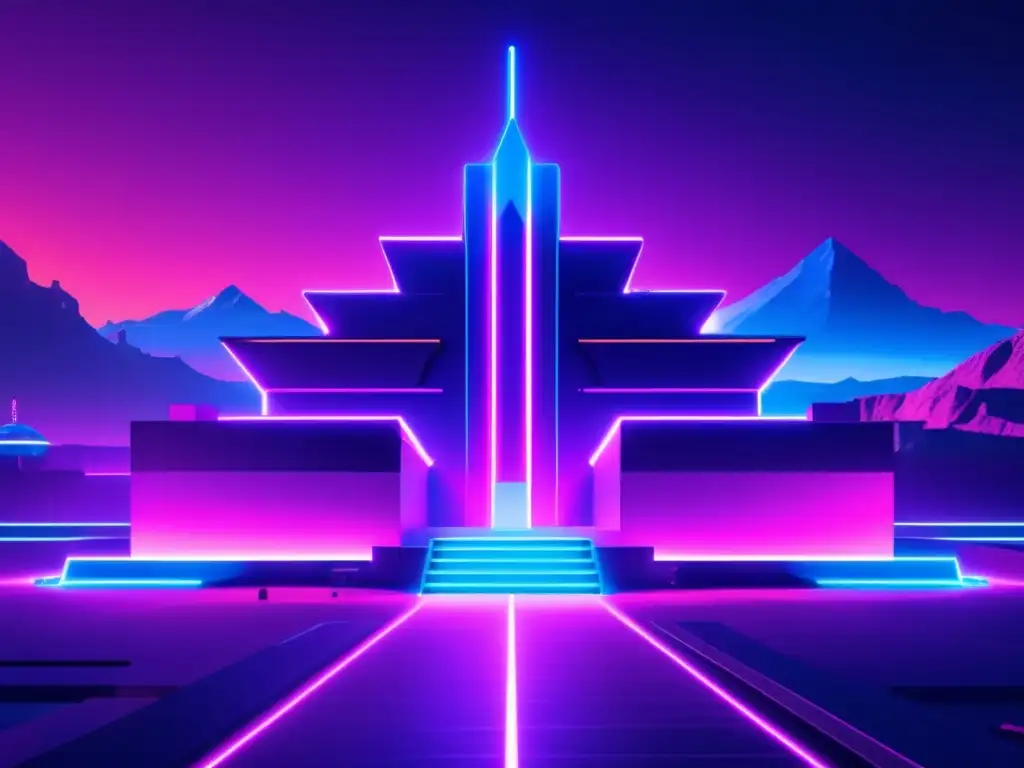 Futurista fortaleza digital protegida contra cryptojacking Futurista fortaleza digital protección contra cryptojacking, iluminada por luces neón vibrantes