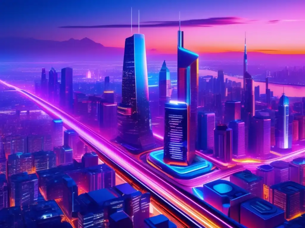 Ciudad futurista iluminada por luces de neón Cityscape futurista iluminada por luces de neón, con análisis técnico para predecir el mercado