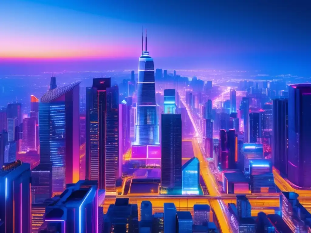 Ciudad futurista con teletrabajo Metrópolis futurista con impacto del teletrabajo en los mercados financieros