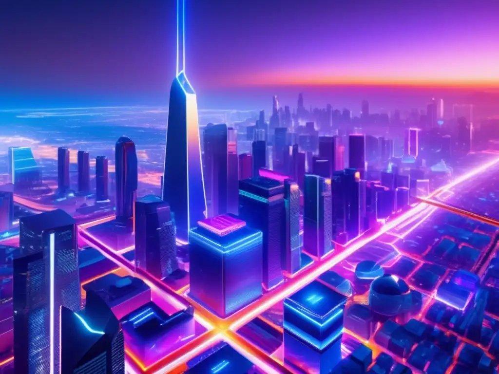 Futurista ciudad con rascacielos y tecnología blockchain Futurista y moderna ciudad con rascacielos de cristal y metal reflejando colores vibrantes