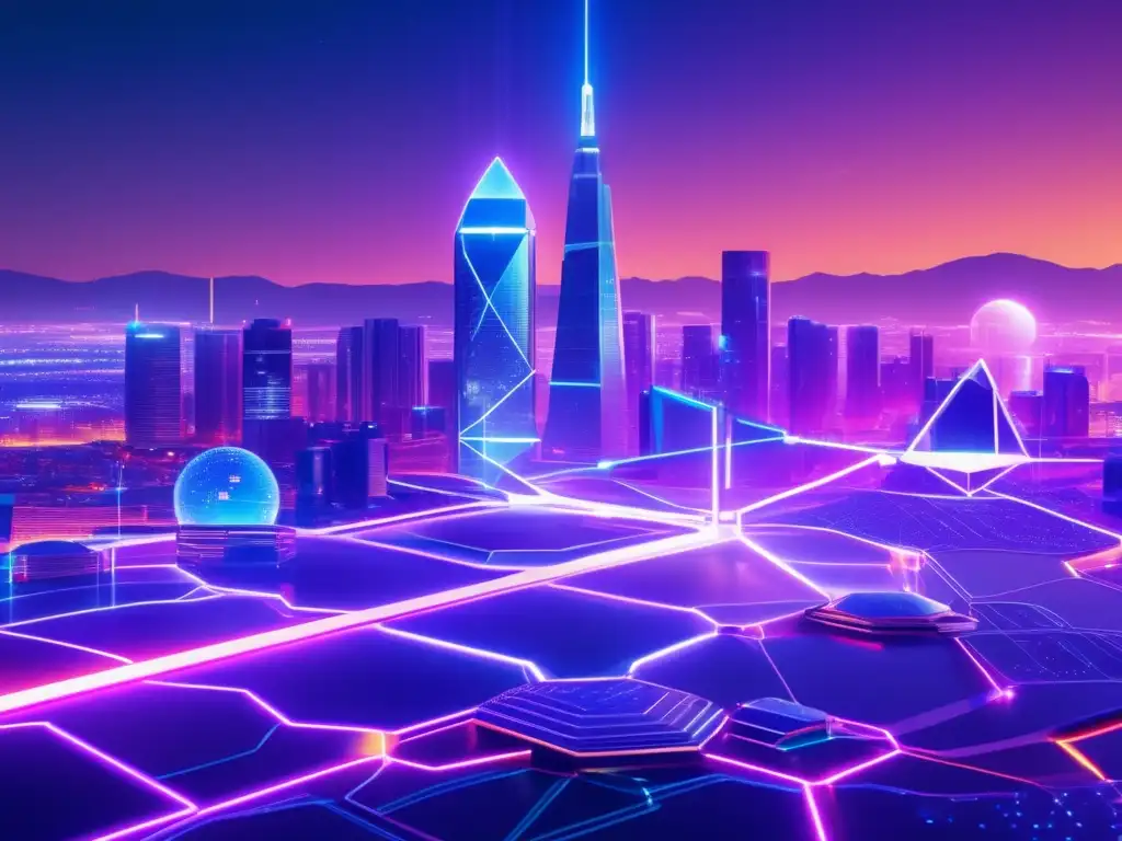 Futurista ciudad blockchain Futurista paisaje digital con una ciudad en el fondo, criptomonedas y seguridad