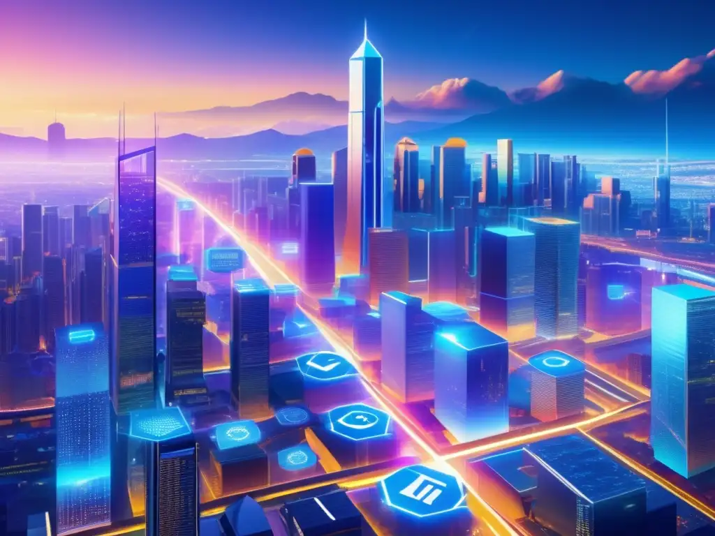 Futuro digital con red blockchain y criptomonedas Futurista paisaje digital donde emerge una gigantesca red blockchain