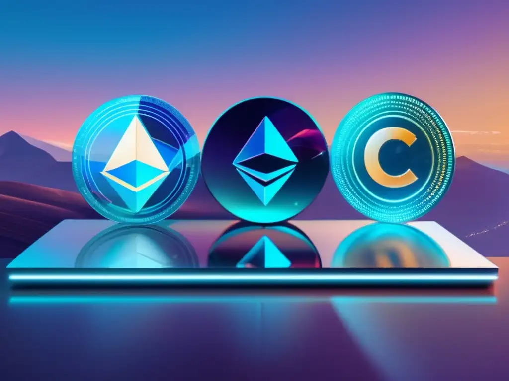 Paisaje digital futurista con criptomonedas Futurista paisaje digital con hologramas de Criptomoneda 1, 2 y 3, destacando beneficios del staking en criptomonedas