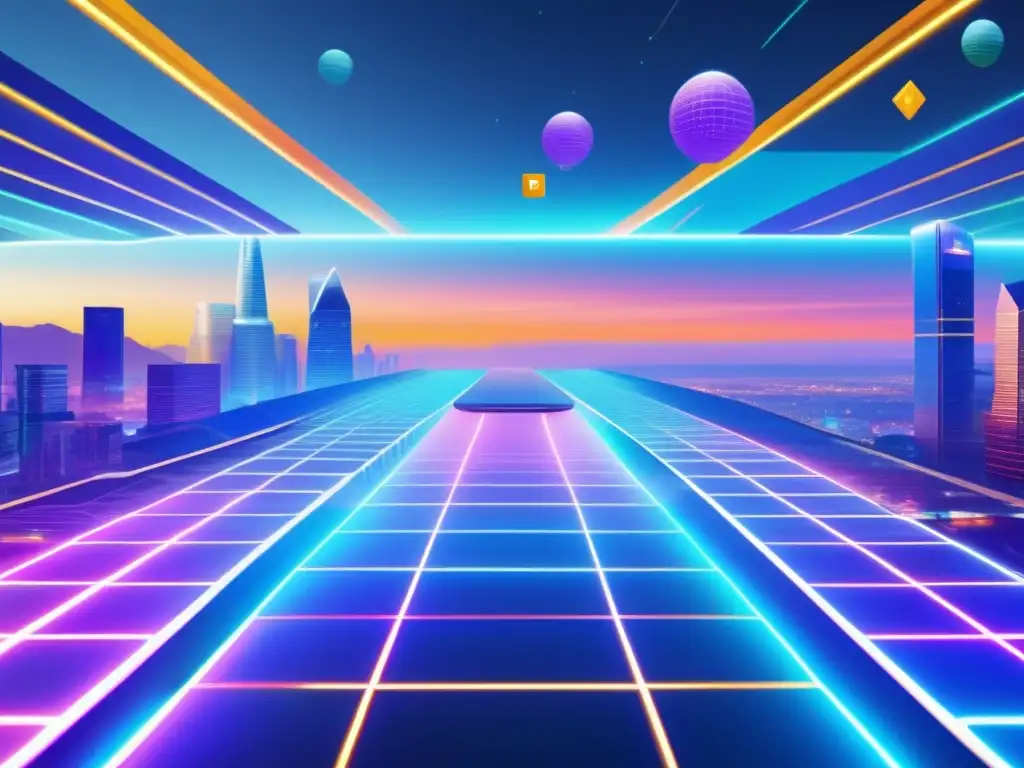 Futuro paisaje digital con interconexión de criptomonedas Futurista paisaje digital con plataformas cripto interconectadas, seguras y vibrantes