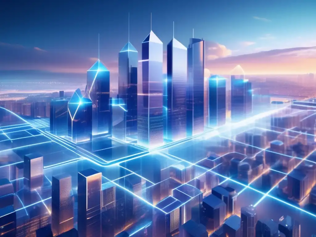 Futuro paisaje digital con rascacielos transparentes y blockchain Futurista paisaje digital 8k con rascacielos transparentes de bloques brillantes