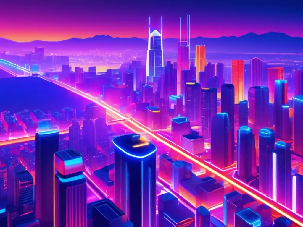 Futuro digital: Criptociudades y hologramas Futurista paisaje urbano con criptomonedas, inversiones criptográficas rentables