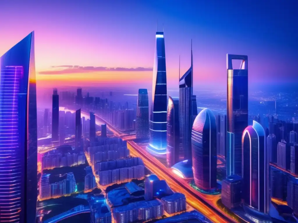 Ciudad futurista iluminada con rascacielos Futurista paisaje urbano con rascacielos, luces LED y autos autónomos