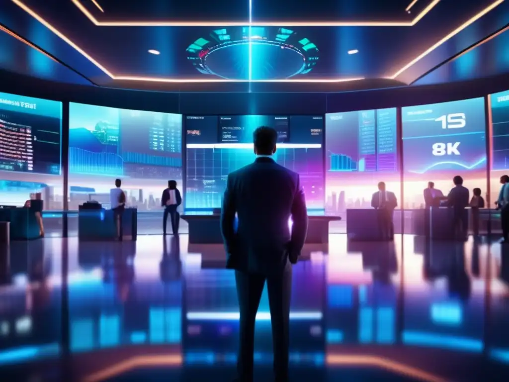 Futuro mercado de valores en alta tecnología Futurista piso bursátil con traders en concentración analizando datos de mercado en pantallas holográficas