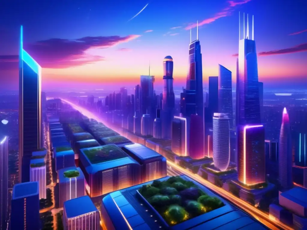 Futuroso horizonte urbano con rascacielos y P2P Futurista metrópolis con rascacielos, autos autónomos y graficos de P2P inversiones