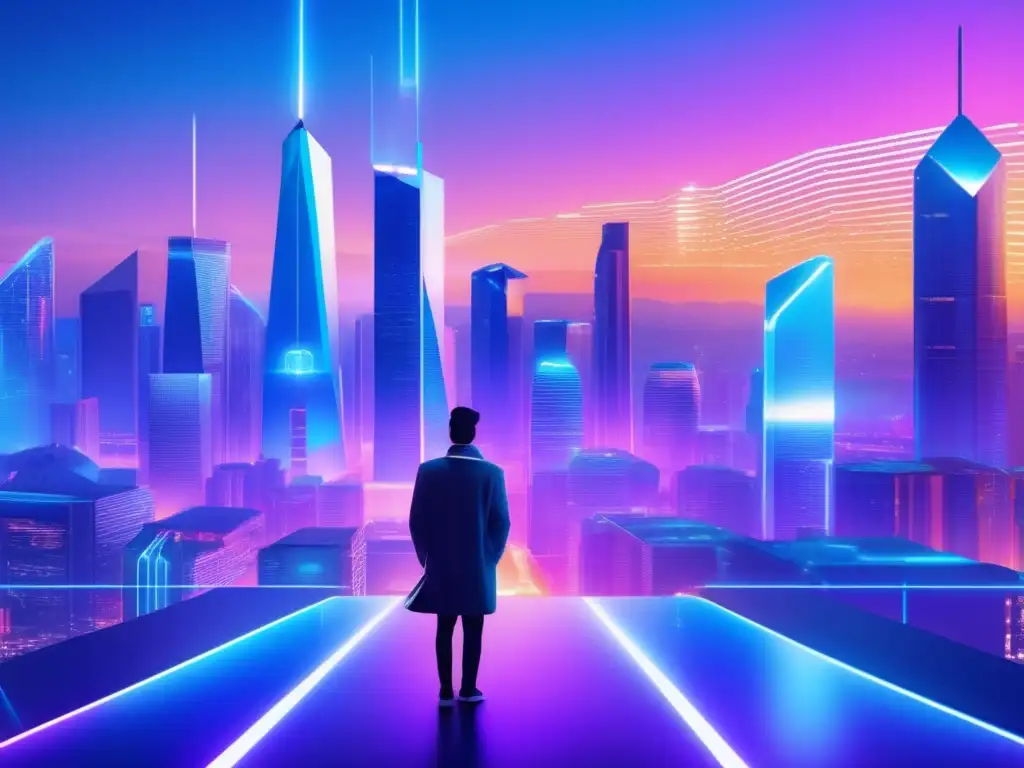 Ciudad futurista con criptomonedas y realidad virtual Revolución Blockchain: Ciudad futurista con rascacielos holográficos y criptomonedas, donde una persona interactúa con realidad virtual
