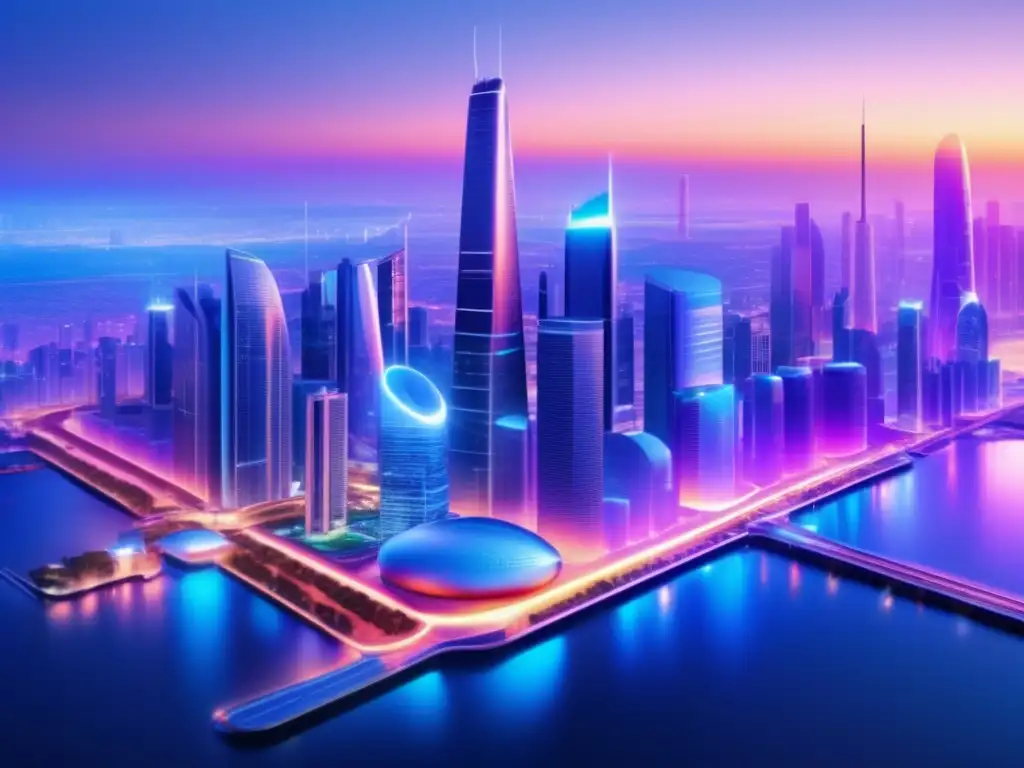 Futuro smart city con tecnología IoT Smart city IOTA: Futurista ciudad IoT con rascacielos y tecnología avanzada, integrando el Internet de las Cosas en la vida diaria