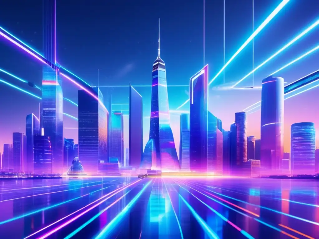 Metrópolis futurista: tecnología y DeFi Guía DeFi: Ciudad futurista con rascacielos de vidrio y acero, luces neón vibrantes y vehículos voladores