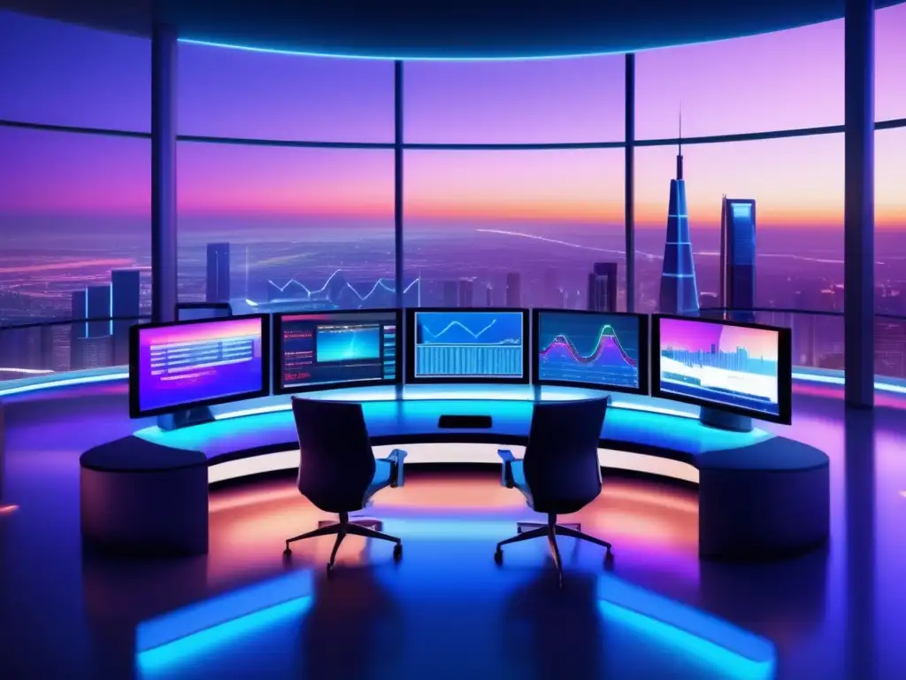Sala de trading futurista con tecnología avanzada Futurista sala de trading con panorámica de ciudad al anochecer
