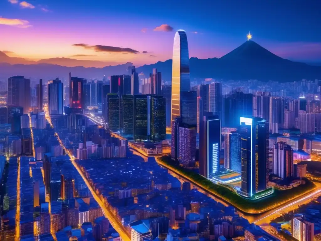Futuro financiero en América Latina Futurista skyline de ciudad en América Latina con rascacielos, luz dorada y datos de criptomonedas en tiempo real