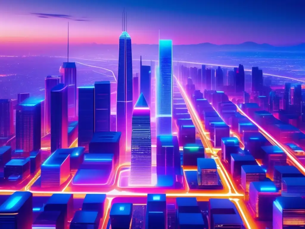 Futurista ciudad blockchain al anochecer Futuristic cityscape at dusk showcasing the potential for growth and opportunities in blockchain investments