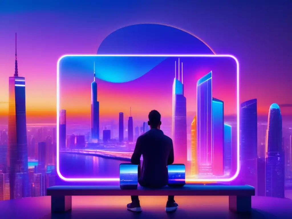 Ciudad futurista con rascacielos holográficos Futuristic cityscape at sunset, person on smartphone - Guía de staking para inversiones