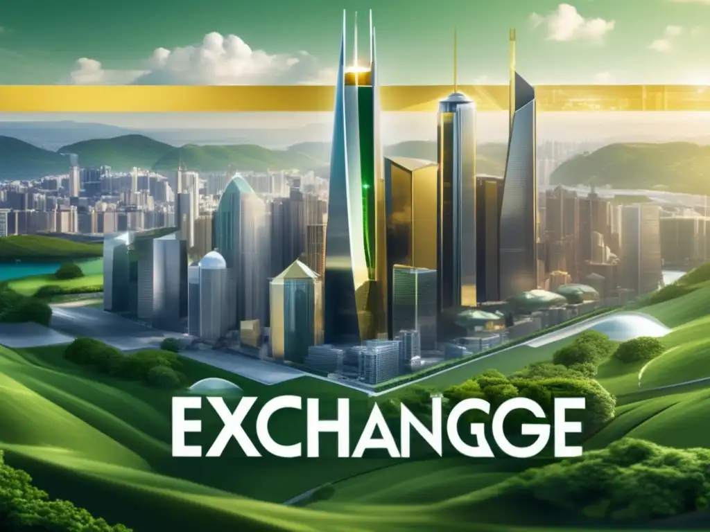 Futuroso paisaje dorado y verde con ETFs Futuristic cityscape of gold and silver skyscrapers, symbolizing ETFs linked to precious metals