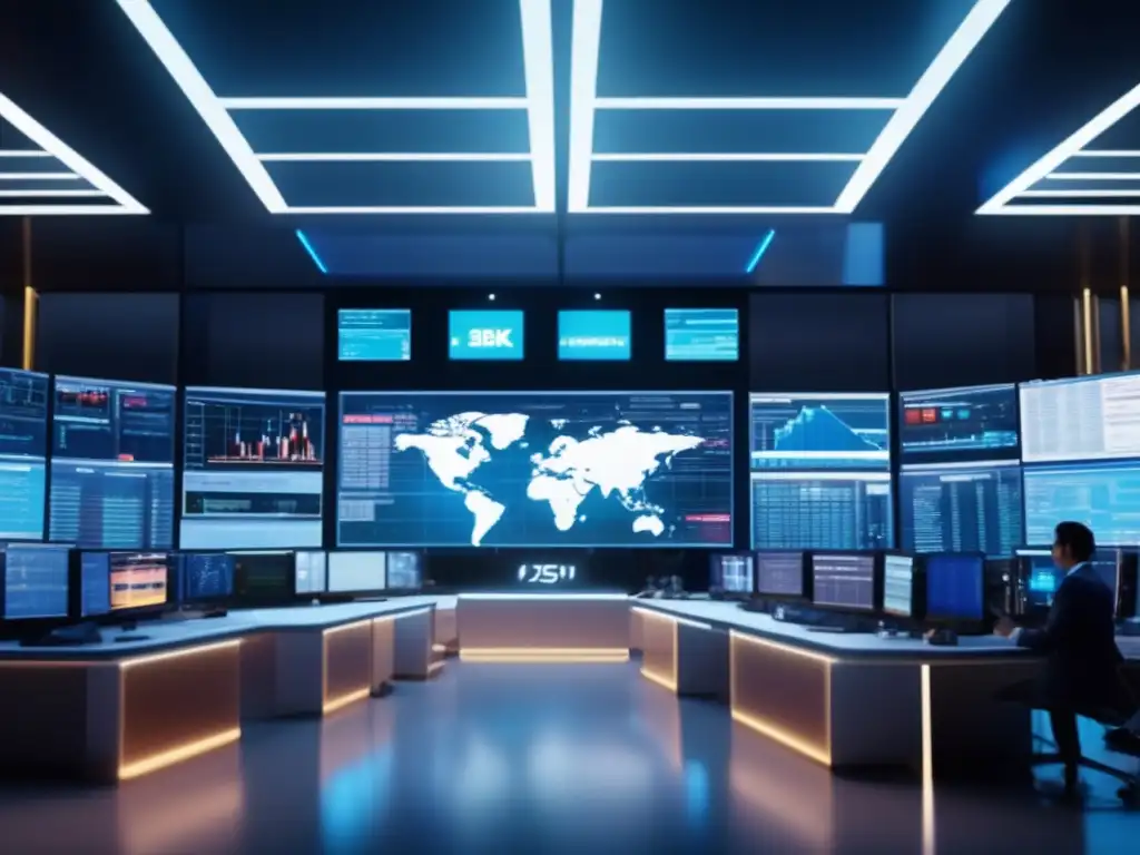 Traders en sala futurista con tecnología avanzada Futuro del análisis técnico en bolsa: sala de trading futurista con tecnología avanzada y traders utilizando inteligencia artificial (110 caracteres)