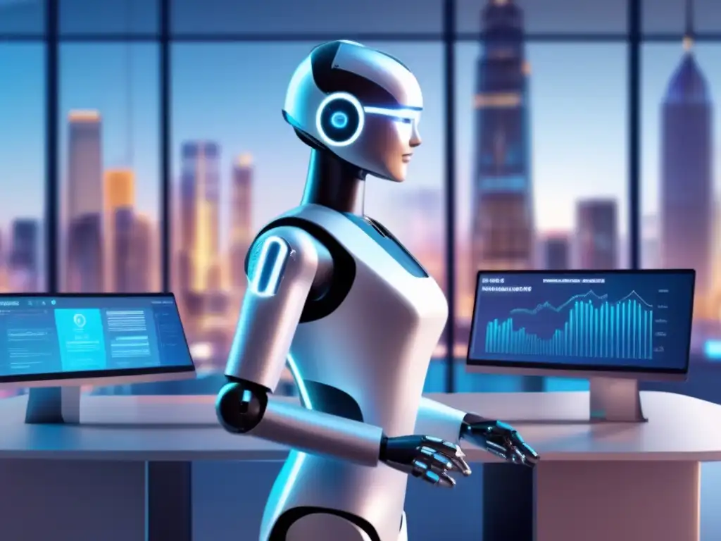Asistente virtual futurista en un entorno financiero Futuro asistente virtual AI en fintech, con robot interactuando en oficina moderna con datos financieros y tecnología holográfica