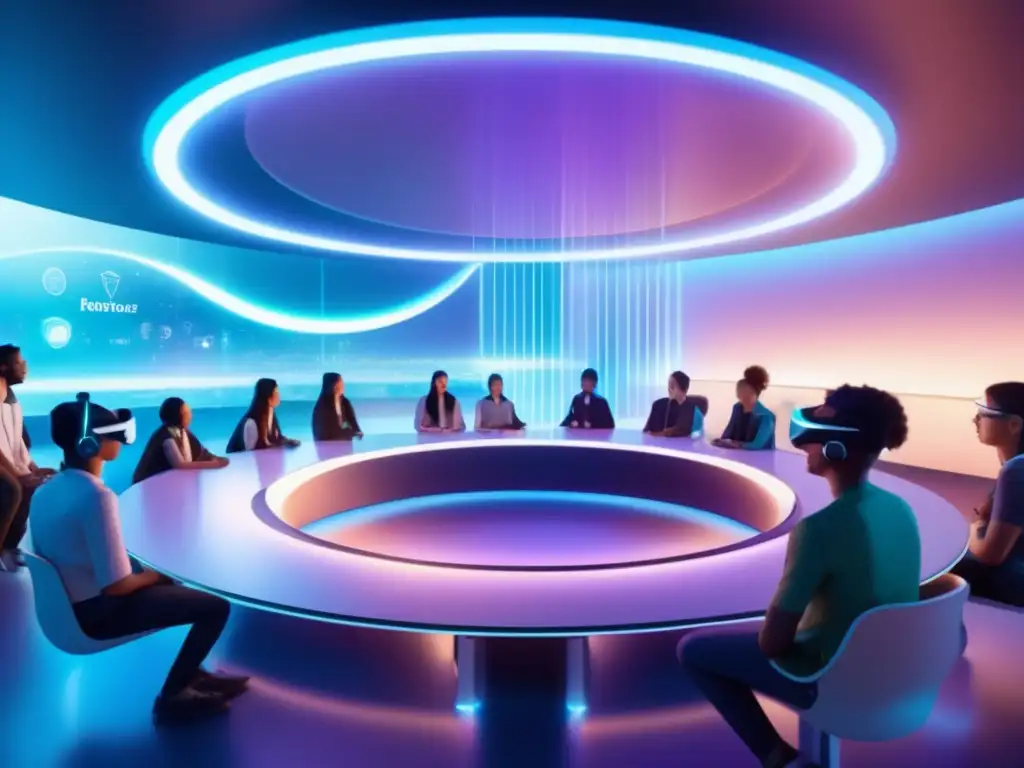 Aula futurista con realidad virtual y tecnología avanzada Futuro aula innovadora con tecnología avanzada y diversidad de estudiantes en experiencias de realidad virtual y herramientas educativas holográficas