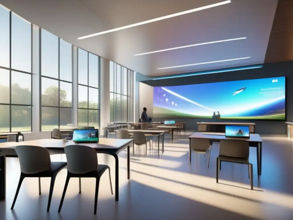 Futuro de la educación con tecnología avanzada Futuro aula tecnológica con estudiantes inmersos en aprendizaje avanzado - Ahorro impuestos educación inversiones