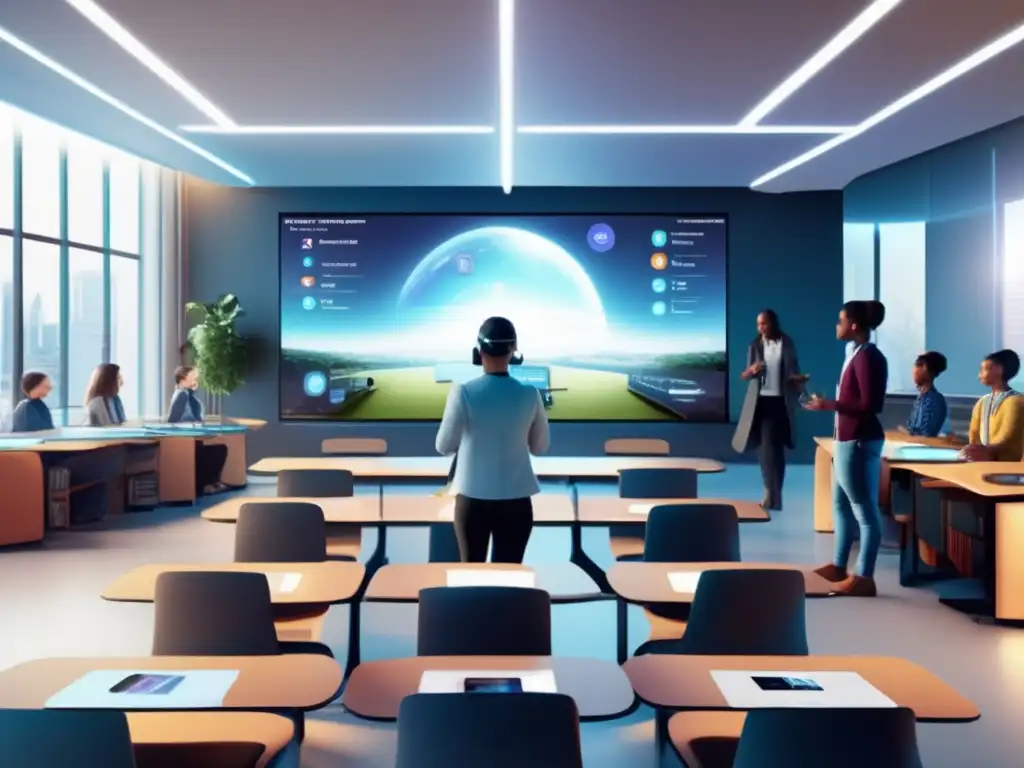 Aula futurista con tecnología avanzada Futuro aula tecnológica: estudiantes colaborando, tecnología educativa, inversión en seguridad y tecnología